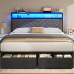 Fluest Queen Bed Frame with 2 Drawers, Upholstered Headboard with Storage and Charging Station, LED Lights, Fabric Drawers with Wheels, Under Bed Storage, No Box Spring Needed, Easy Assembly, Grey - size: Queen