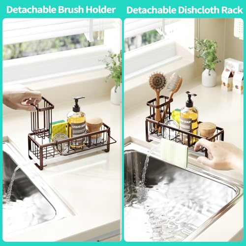 HapiRm Sponge Holder for Kitchen Sink - Self-draining Sink Caddy with Brush and Dishcloth Holders, Stainless Steel Kitchen Organizer for Countertop - Bronze - color: Bronze, size: with Dishcloth Holder