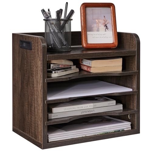 YMYNY Desktop File Organizer with Handle, Document Letter Mail Tray Sorter with 3 Adjustable Shelves, 5 Tiers Paper Holder for Home Office Desk, Black Gray,13.4 * 12.4 * 9.06" UHBC006G - color: Black Gray