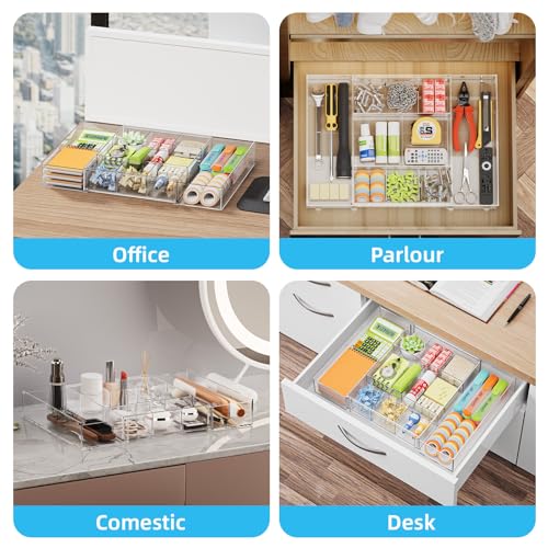 Marbrasse Expandable Desk Drawer Organizer, Clear Plastic Drawer Organizer Tray with 10 Adjustable Compartments, Desk Organizers and Accessories, 5 Drawer Dividers for Office Supplies, Makeup(Clear) - color: Clear