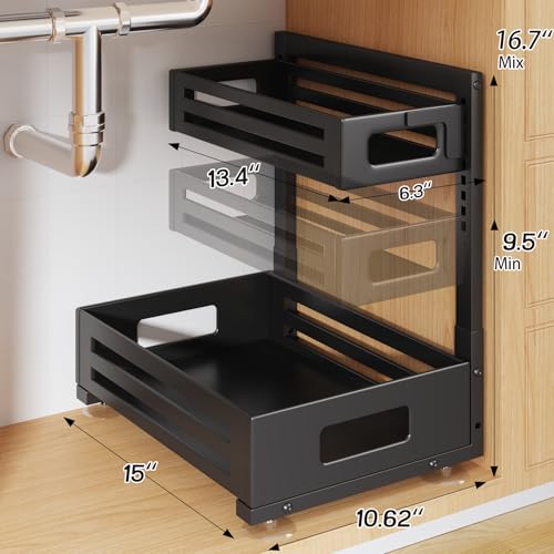 1 Pack Under Sink Organizer,Pull Out Cabinet Organizer with Smooth Cylindrical Rail,Metal Slide Out Drawer for Kitchen Bathroom Laundry Cabinet,8-Level Tool Free Height Adjustable-Black - color: Black, size: 1 Pack-15"Dx9.5"-16.7"H