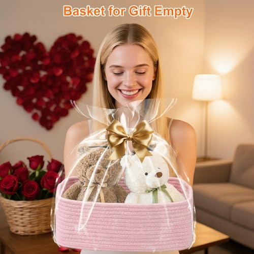 Small Storage Baskets for Organizing, Woven Storage Bins for Shelves, Gift Basket Empty, Cute Decorative Closet Organizer, Baby Rope Basket, Dog Toy Storage, 13.2x8.2x5.2”, 3Packs Pink - color: Pink, size: M