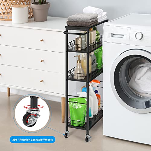 YBING Slim Storage Cart Kitchen Rolling Utility Cart on Wheels 4 Tier Mobile Narrow Cart with Wood and Metal Handle Slide Out Storage Shelving Unit Cart for Kitchen Living Room Small Places Black - color: Black