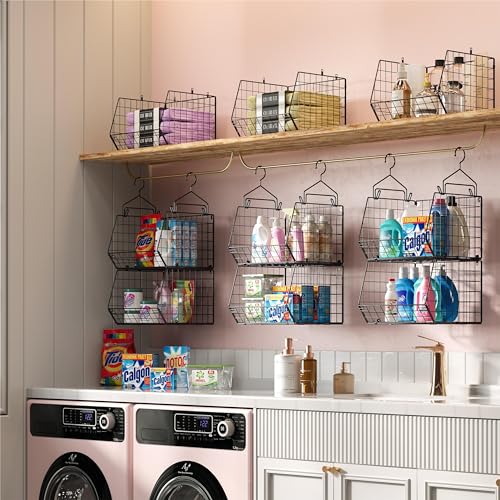 5 Tier Closet Hanging Organizer, Clothes Hanging Shelves with 4 Hanging Hooks 5 S Hooks, Wire Storage Basket Bins, for Clothing Sweaters Shoes Handbags Clutches Accessories Patent Design - color: Black