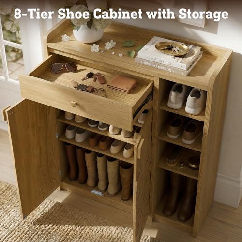 STO'SENSE Large Shoe Cabinet with Doors, 8-Tier Shoe Storage Cabinet with Drawer & 4 Side Cubbies & 5 Adjustable Shelves, 47" Tall Shoe Rack Organizer Cabinet for Entryway, Hallway (Original Oak) - color: Original Oak