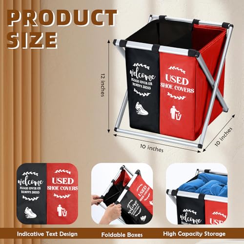 Wonderjune Foldable Disposable Shoe Cover Box Dispenser Fabric Storage Bin Holder with Used Shoe Covers and Welcome Please or Remove Sign for Open House Supplies(Black, Red) - color: Black, Red