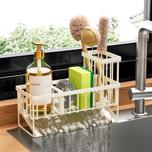 Cisily Off White Sponge Holder for Kitchen Sink, Sink Caddy Organizer with High Brush Holder, Kitchen Countertop Rustproof 304 Stainless Steel, Soap Dispenser Kitchen Organizers and Storage Essentials - color: Off White, size: 9.25″