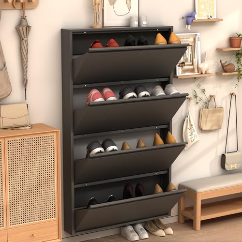 LUCYPAL Shoe Cabinet with 4 Flip Drawers,Slim Shoe Storage Cabinets for Entryway,Black Narrow Wall Shoe Cabinet for Hallway,Living Room, Bedroom - color: Black, size: 4 Drawers