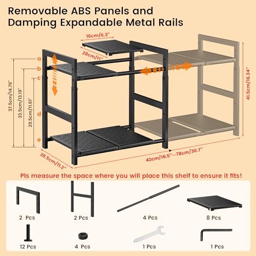 Under Sink Organizer and Storage 16.5"-30.7" Expandable Length, Adjustable Height Max 16.7" Under Sink Shelf 2 Tier with Removable ABS Panels Metal Frame for Bathroom Kitchen Pantry Cabitnet Pot Pan