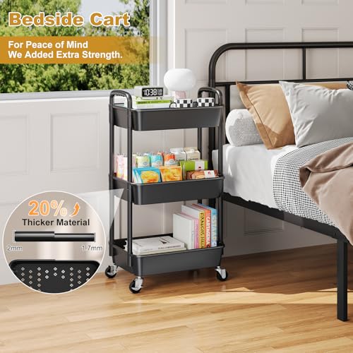 3 Tier Rolling Cart with Wheels, Black Plastic Three Tiered Shelf Organizer Carts on Lockable Wheels, Small Utility Storage Trolley for Diaper Caddy, Snack, Art, Cleaning Supplies, Kitchen, Bathroom - color: Black