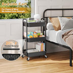3 Tier Rolling Cart with Wheels, Black Plastic Three Tiered Shelf Organizer Carts on Lockable Wheels, Small Utility Storage Trolley for Diaper Caddy, Snack, Art, Cleaning Supplies, Kitchen, Bathroom - color: Black