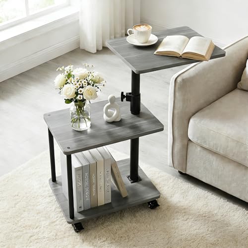 360° Swivel Side Table with Storage, Height Adjustable, Smooth-Rolling Wheels, C-Shaped End Table for Couch/Sofa, Recliner, Living Room, Grey Walnut-Look - color: Grey Walnut - Look
