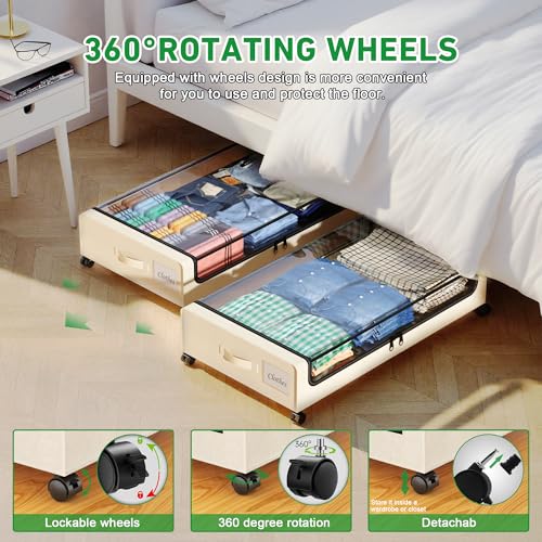 Beborxue Under Bed Storage with Wheels, 4-Pack Under Bed Storage Containers with Clear Lids, XXL 60L Under Bed Shoe Storage Organizer, Rolling Underbed Storage for Clothes, Shoes, Blankets (Beige) - color: 4 Pack-Beige
