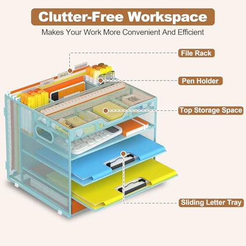 Docnest 5 Tier Letter Tray with Hanging File Organizer-Mesh Desk Organizer-Desktop Storage Box Built in Pen Holder and Handles, File Folder Holder for Mail Documents Office Supplies-Blue - color: 5 Tier Hanging File Organizer-Blue