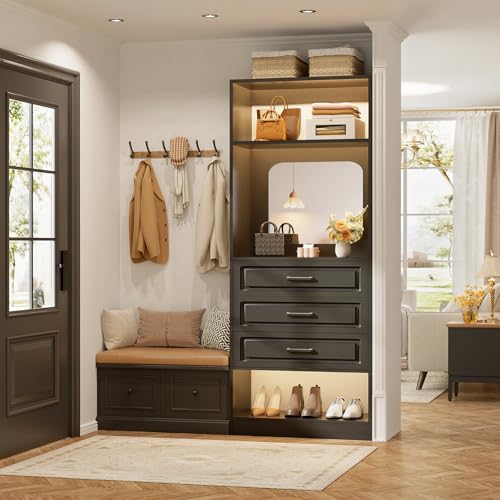Unikito 25”Freestanding Closet System with 3 Drawers, Organizer Wardrobe with Storage Shelves and Mirror, Sturdy Wood Walk-in Organizer Systems for Small Closets, 25" W x 16" D x 80" H, Black - color: Black, size: 25 Inch
