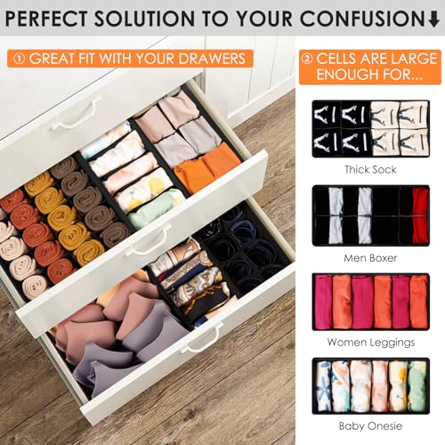 Drawer Organizer Clothes, 8 Pack Dresser Organizer Bins for Baby Clothes, Underwear Sock, Fabric Closet Organization and Storage Dividers for Nursery Bedroom (48 Compartments, Black) - color: Black, size: 8 Pack