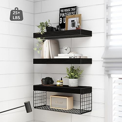QEEIG Bathroom Shelves Over Toilet - Wall Mounted Floating Shelves Toilet Paper Storage Small Farmhouse Decor Shelf 16 inch Set of 3, Black (019-B3) - color: C. Black, size: 3pcs