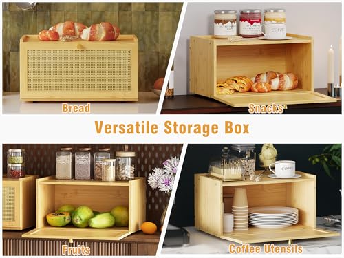Trironsun Rattan Bamboo Bread Box for Kitchen Counter Large Capacity Bread Storage Bin Farmhouse Bread Storage Container Rustic Bread Holder (Natural Bamboo) - color: Natural Bamboo