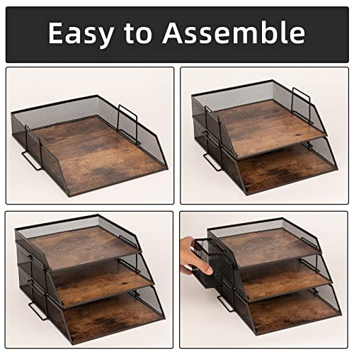 Vintage Wood & Metal Letter Tray， Stackable Desk Organizers Paper Tray， for File Magazines Mail Organizer, Vintage Wood Desk File Organizer with Pen Holder(3 Layer) - color: 3 Layer