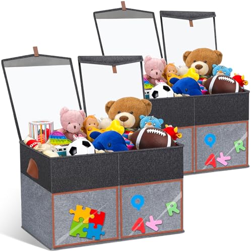 2 Pack Large Toy Storage Box with Clear Lids Collapsible Toys Chest Organizer Bin Basket with Adjustable Dividers for Kids Boys Girls Living Room Nursery Playroom Closet Black and Grey - color: Black and Grey, size: 2 Pack