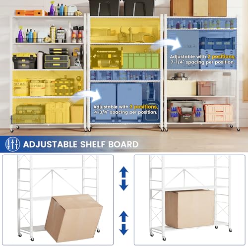 ALANNG 40" W Foldable 5-Tier Storage Shelves with Wheels, Adjustable & Removable Metal Rack, Heavy Duty Rolling Organizer for Kitchen, Garage, Closet, Pantry, and Office (White,1 Pack) - color: White