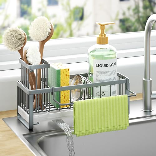 HapiRm Sponge Holder for Kitchen Sink - Self-draining Sink Caddy with Brush and Dishcloth Holders, Stainless Steel Kitchen Organizer for Countertop - Grey - color: Gray, size: with Dishcloth Holder
