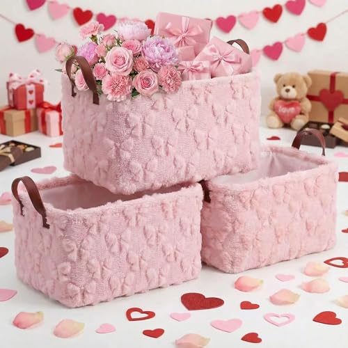 Kathfly 3 Pcs Bow Foldable Storage Baskets Pink Bow Plush Faux Fur Jacquard Design Laundry Basket with Handles Waterproof Storage Bins Fabric Shelf Baskets for Organizing Closet Clothes - style: Pink Bow