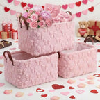 Kathfly 3 Pcs Bow Foldable Storage Baskets Pink Bow Plush Faux Fur Jacquard Design Laundry Basket with Handles Waterproof Storage Bins Fabric Shelf Baskets for Organizing Closet Clothes - style: Pink Bow