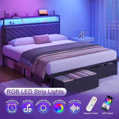 Fluest Queen Bed Frame with 2 Drawers, Upholstered Headboard with Storage and Charging Station, LED Lights, Fabric Drawers with Wheels, Under Bed Storage, No Box Spring Needed, Easy Assembly, Grey - size: Queen