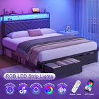 Fluest Queen Bed Frame with 2 Drawers, Upholstered Headboard with Storage and Charging Station, LED Lights, Fabric Drawers with Wheels, Under Bed Storage, No Box Spring Needed, Easy Assembly, Grey - size: Queen