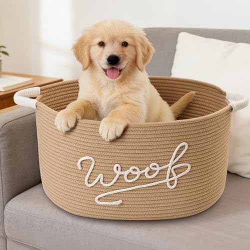 Woof Dog Toy Basket, Large Dog Toy Storage Bin with Durable Handles, Woven Dog Basket for Blankets, Toys, Chews, Pet Toy Storage Box for Nursery, Living Room, Bedroom, 17”x12”x9, Beige - color: Beige