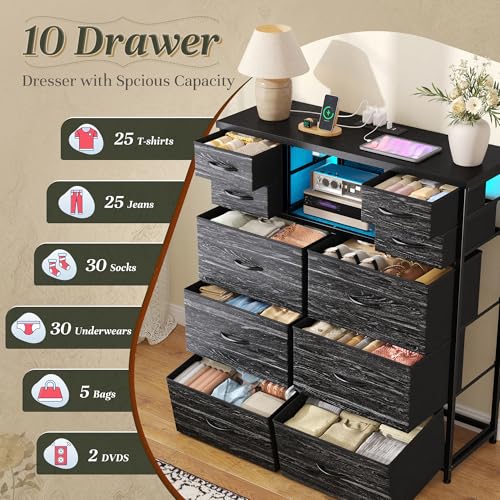 DurayLoly Dresser for Bedroom with 10 Fabric Drawers, Organizer Unit with LED Light & Charging Station, Sturdy Chest of Drawers with 2 Open Wooden Shelves for Hallway, Living Room, Dormitory (Black) - color: Black