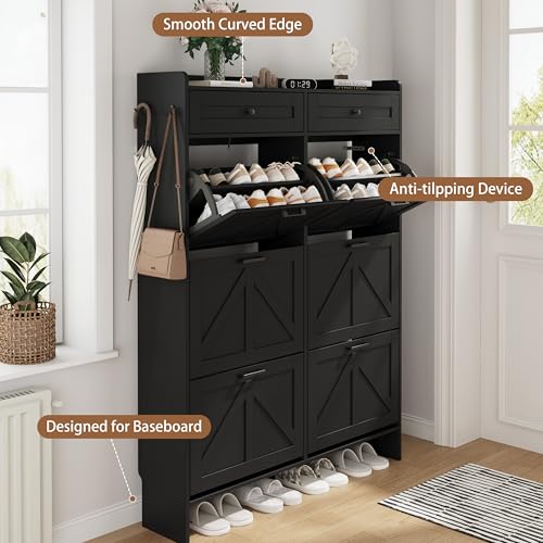 Shoe Cabinet with 6 Flip Drawers & 2 Top Drawers, 57" Tall Freestanding Narrow Wooden Shoe Storage Organizer for Entryway, Hidden Slim Shoe Rack for Front Door Entrance, Hallway, Living Room, Black - color: Black, size: 6 Flip Drawers