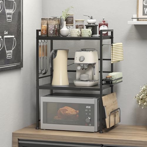 DOLALIKE Microwave Oven Rack, Expandable Microwave Stand Countertop Kitchen Utensils Tableware Storage, Carbon Steel Over Microwave Shelf Countertop with 6 Hooks - color: Black, size: 3 Tier (With Spice Rack)