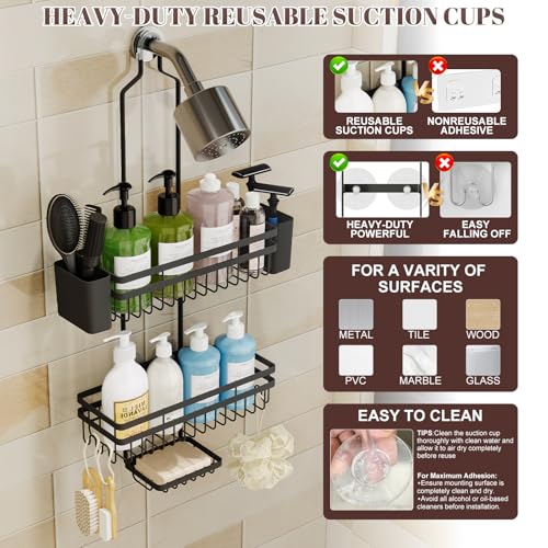 Shower Caddy Hanging for Bathroom Organizers and Storage,3 Tier Adjustable Anti-Swing Shower Organizer Hanging with Heavy-Duty Suction Cups, Damage-Free Rustproof (Black) - color: BLACK, size: regular