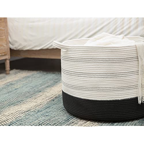 R RUNKA XXXLarge Cotton Rope Basket 22" X 22"X 14" Blanket Basket for Living Room Woven Basket Soft Baby Laundry Blanket Basket Nursery Bin Toy Basket with Handle White+Black - color: White+Black