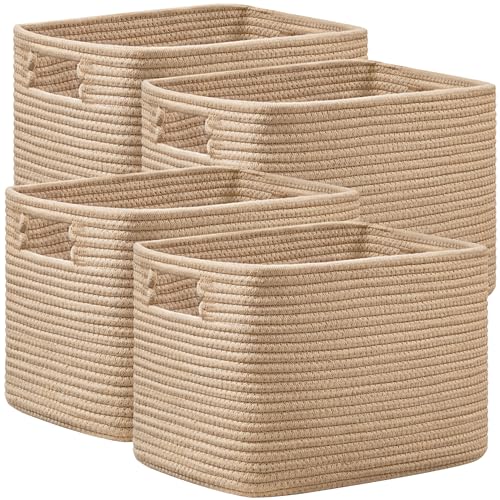 UBBCARE 4 Pack Storage Baskets for Organizing, Shelf Baskets with Handles, Woven Storage Baskets for Bookcase/Cube Shelf/Closet, 14.5"L x 9.8"W x 9"H, Brown - color: Brown, size: 4 Pack-14.5"(L)×9.8"(W)x9"(H)