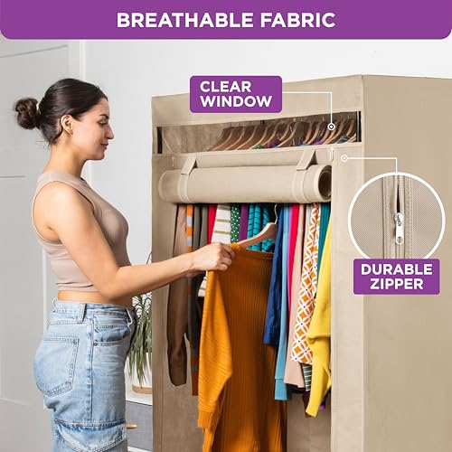 HOLDN’ STORAGE Portable Wardrobe Closet - 50 lb Capacity, Internal Heavy Duty Metal Rod, Zipper & Clear Window, Durable Clothes Organizer, Tool-Free Easy Assembly, Beige Canvas Cover - color: Beige, size: Medium