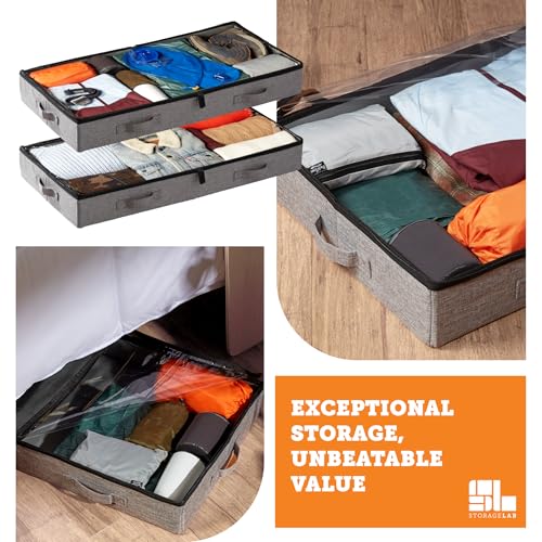storageLAB Under Bed Storage Containers, Low Profile Underbed Organizers with Sturdy Handles, Dual Zippers, and Clear Windows, Ideal for Clothes, Pillows, and Blankets - 2 Pack, Low Profile, Gray