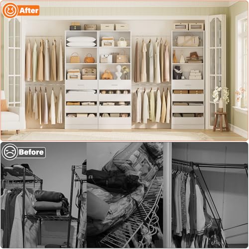Aheaplus Closet System with 12 Drawers, 8.5-11.5Ft Wood Closet Organizer System with 4 Hanging Rods & 3 Towers, 4Ft & 6Ft L-Shaped Walk-in Closets Wardrobe Organizer Clothes Rack, Set of 3, White1 - color: White