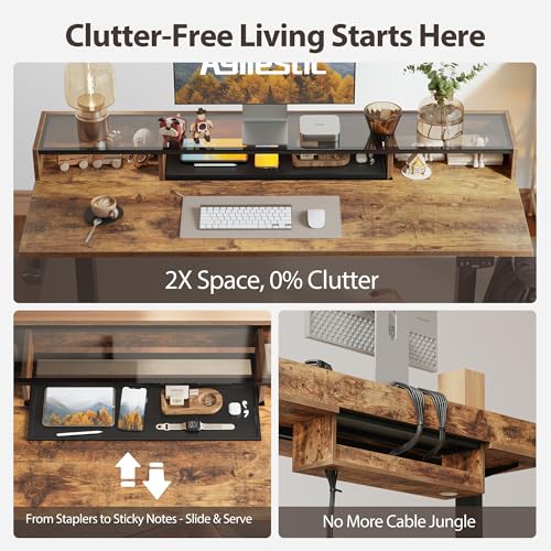 Agilestic Glass Standing Desk with Storage, 48 Inch Electric Adjustable Desk with Glass Shelf and Cable Management, Sit Stand Up Home Office Computer Table, Splice Board, Rustic Brown - color: Glass-rustic Brown, size: 48 x 24 Inches with 2 drawers