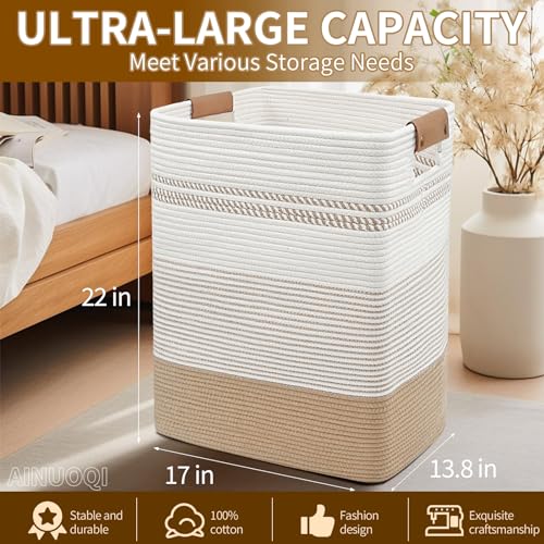 Large Laundry Hamper Basket, 85L Cotton Rope Woven Storage Bin for Blankets, Dirty Clothes Toys, Decorative Tall Basket with Leather Handles for Living Room, Bedroom, Bathroom, Nursery, Jute - color: Jute & White, size: 85L