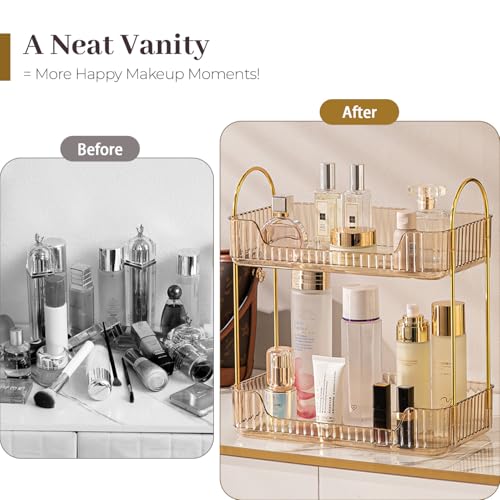 Aveniee Bathroom Counter Organizer, 2 Tier Perfume Skin Care Countertop Storage Shelf, Vanity Makeup Tray for Cosmetic Skincare Lotion, Gold - color: Amber Gold, size: 2 Tier
