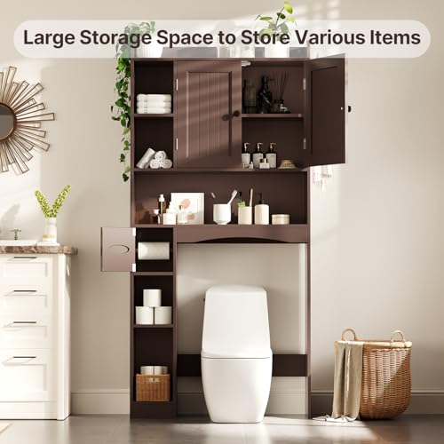 Gizoon Over The Toilet Storage Cabinet, 66''H Over Toilet Storage Cabinet, with Paper Holder, Adjustable Shelves, 2 Doors, Over Toilet Bathroom Organizer, 2 Side Hooks, Space-Saver, Dark Brown - color: Dark Brown