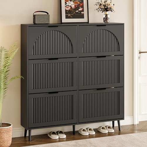 BORNOON Shoe Cabinet for Entryway with 6 Flip Drawers, Slim Wooden Shoe Storage Organizer with Modern Fluted Pannel，Freestanding Narrow Hidden Shoe Rack for Hallway, Foyer, Living Room - color: Black, size: 6 Flip Drawers