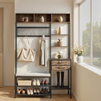 VEVOR Hall Tree with Bench and Shoe Storage, Entryway Bench with Coat Rack, 2 Drawers, 3 Storage Cubbies, 3 Open Shelves, Coat Hooks with Soft Cushion for Entryway, Hallway - size: 70.9" * 47.2"