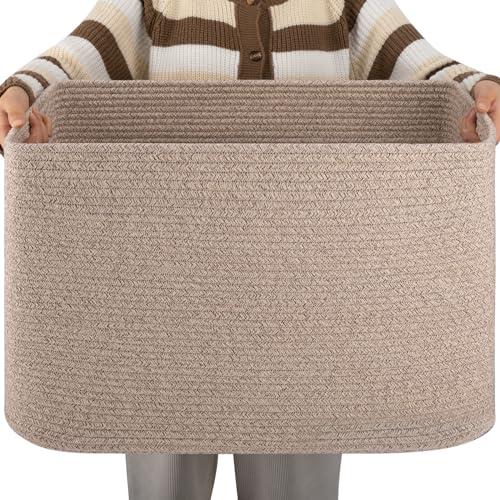 OIAHOMY XXLarge Rectangle Blanket Basket-96L, Cotton Woven Basket for Storage, Dirty Clothes Basket for Living Room, Nursery, Bedroom, Toy Organizing with Handle, 24" x 16" x 15",Brown variegated - color: Brown variegated, size: 24”x16”x15”