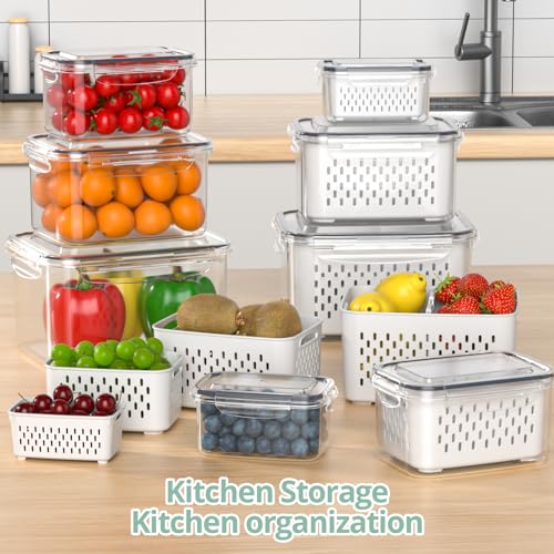 Fruit Storage Containers for Fridge with Removable Colander, 8 Pack Fruit Containers for Fridge with 2 Function Divider Plate, Airtight Storage Container to Keep Berry Fruit Fresh, Dishwasher Safe
