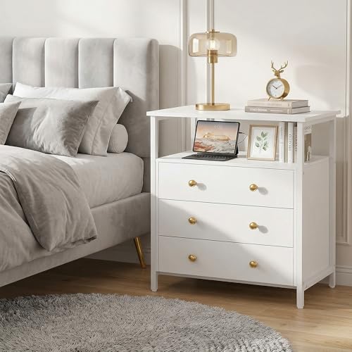 Edbuosy 3 Wooden Drawers Night Stand, 27 Inch Wide Nightstand with Charging Station and Adjustable Drawers, Small Dresser for Closet, Bedside Table for Living Room/Bedroom/Office, White. - color: White, size: 3 Drawers