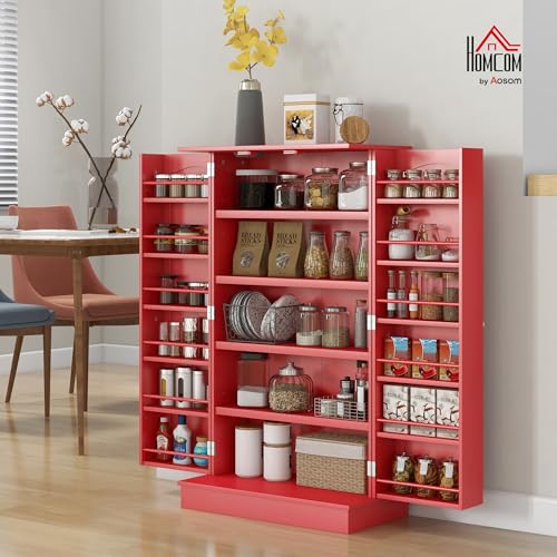 HOMCOM 41" Kitchen Pantry Storage Cabinet, Freestanding Kitchen Cabinet with 12 Door Shelves, Double Doors, 5-Tier Shelving and Adjustable Shelves, Red - color: Red, size: 41"H